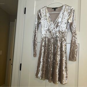 Forever 21 Dress Small Velour Velvet V-neck Wrap Flare Long Sleeve Beige size s
